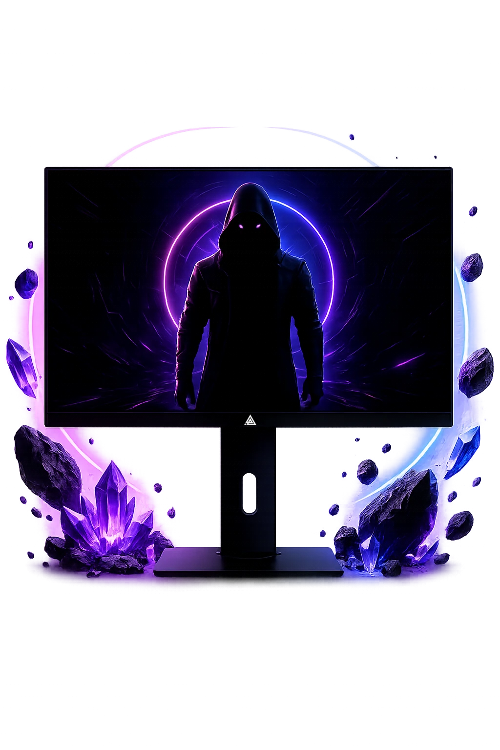 ASPHA Phantom gaming monitor with RGB neon ring and glowing crystals